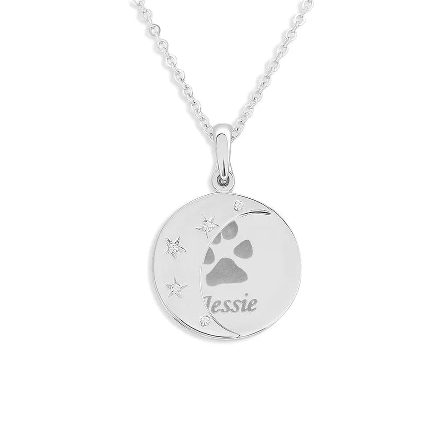 Moons Pawprint Memorial Pendants with Fine Crystal - Engraved - Treats Unleashed