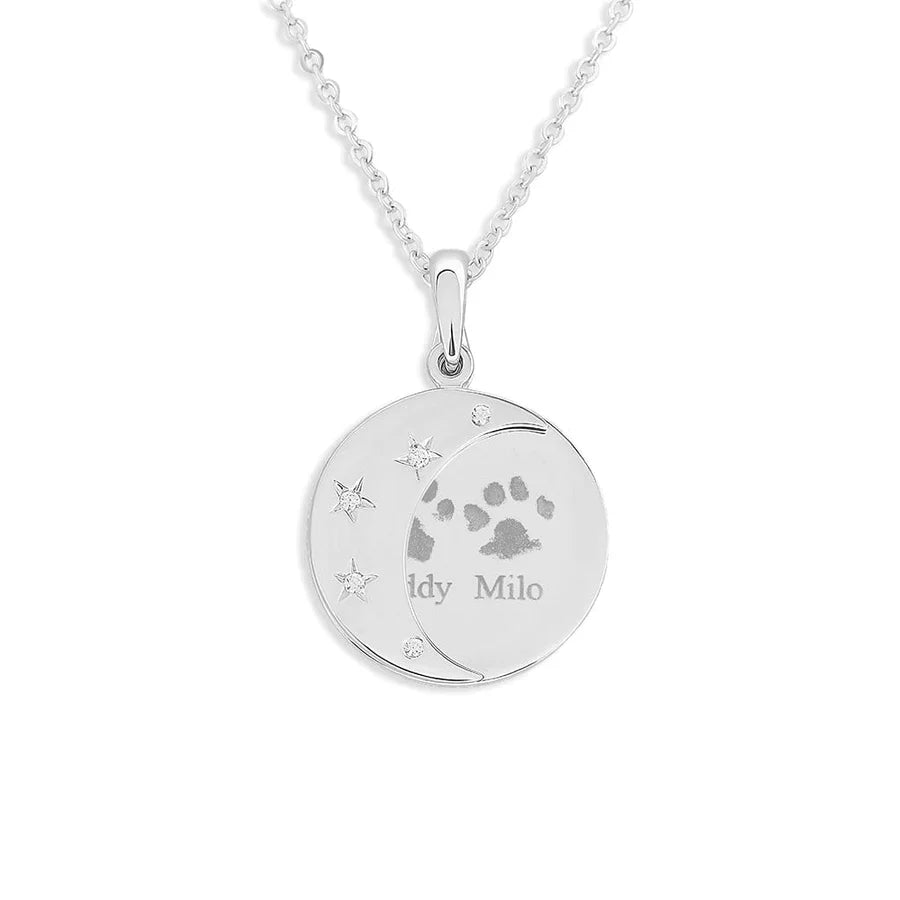 Moons Pawprint Memorial Pendants with Fine Crystal - Engraved - Treats Unleashed