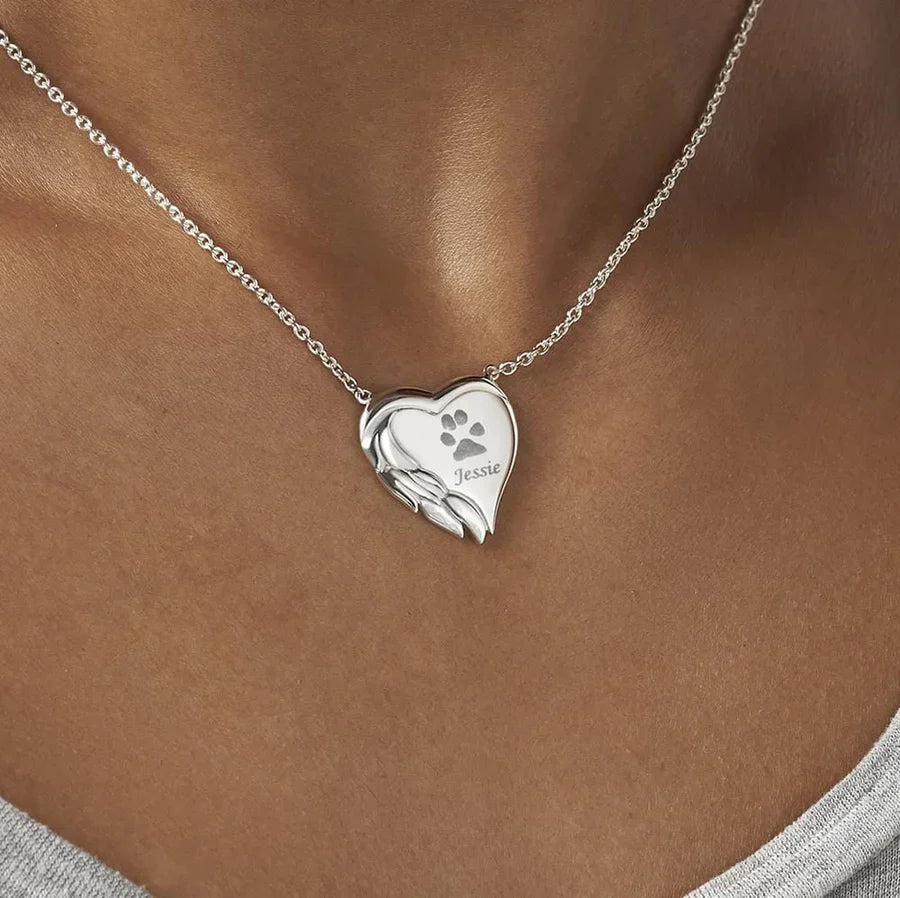 Winged Heart Pawprint Memorial Necklace - Engraved - Treats Unleashed